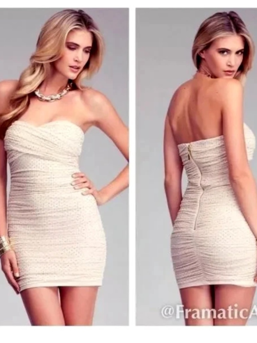 $160 NEW bebe beige mesh ruched gold zip studs strapless sexy top dress S Small